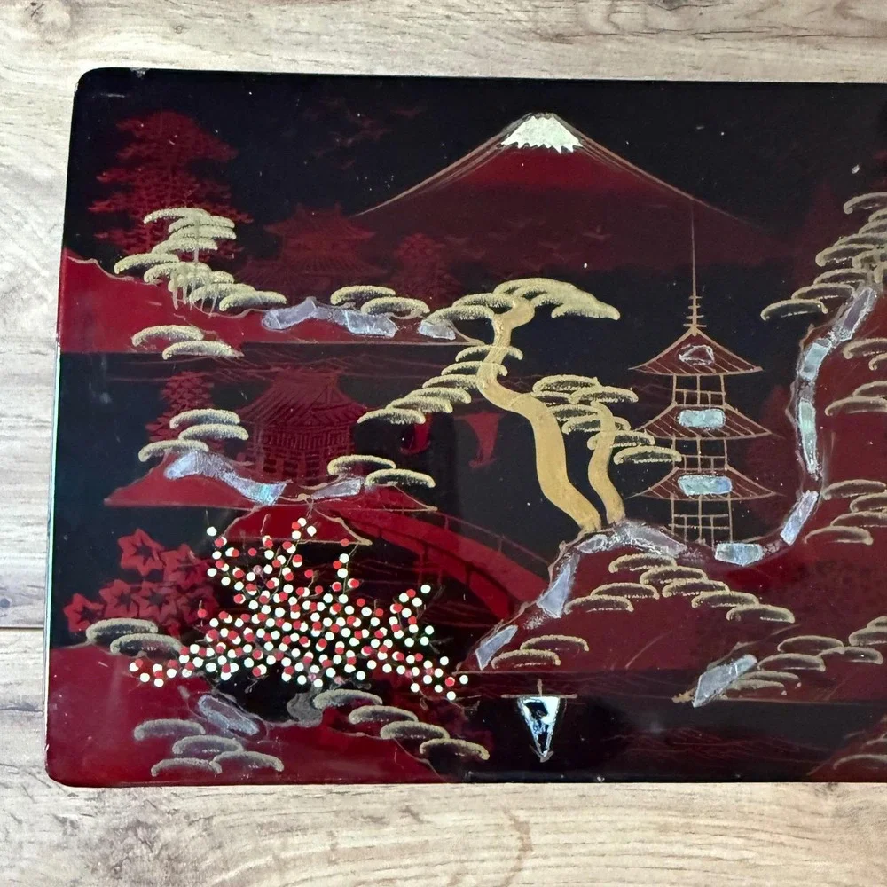 Vintage Japanese Lacquer Jewelry Box Mt Fuji Mother of Pearl Inlay no Music